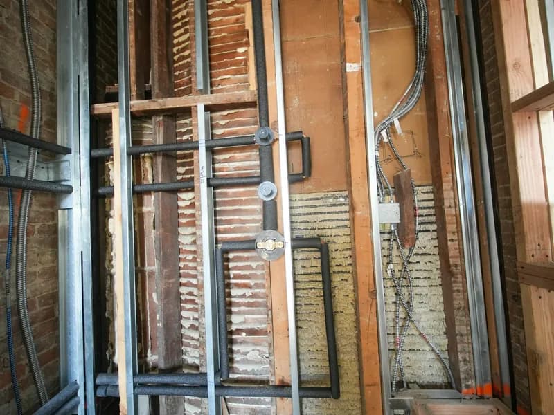Opened interior wall showing framing, pipes and wiring during a renovation