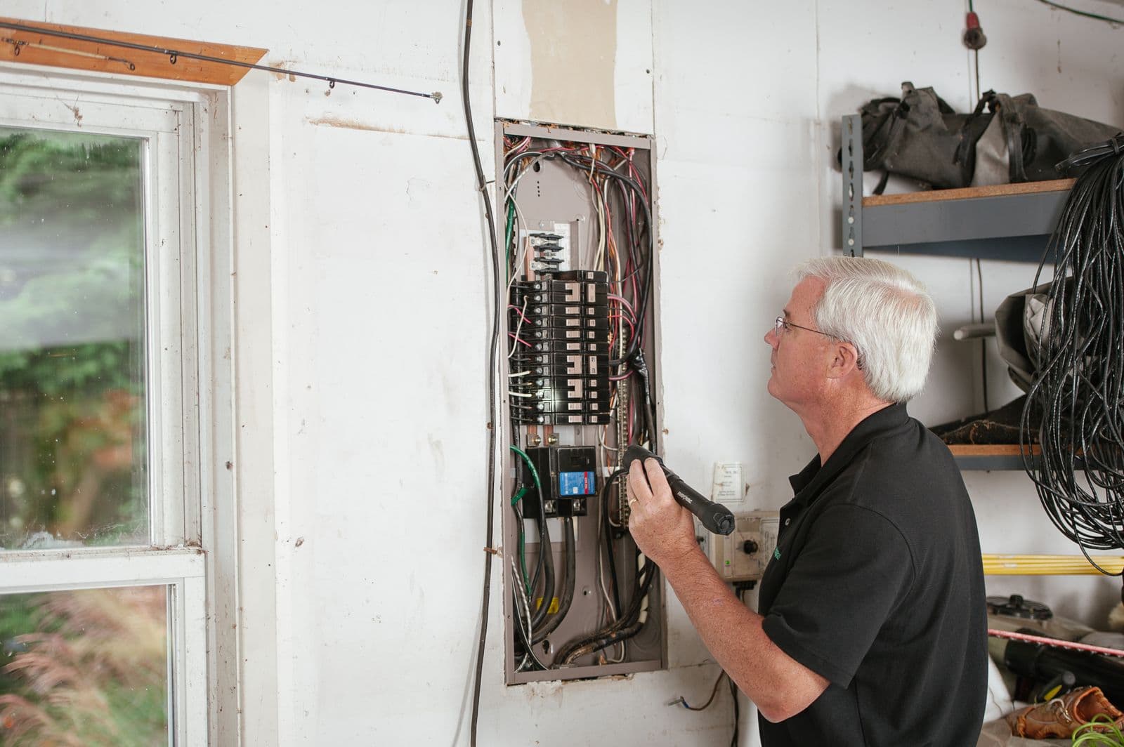 An electrician examining an open residential electrical panel with a flashlight