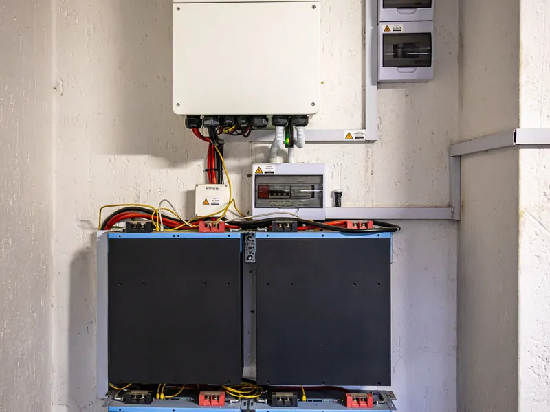 A wall-mounted inverter above a stack of home backup batteries in a utility room